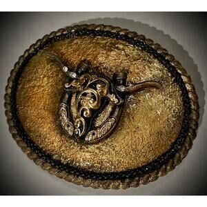 Handmade Longhorn Belt Buckle – Gold Leaf, Rhinestone Texas Rodeo Cowgirl